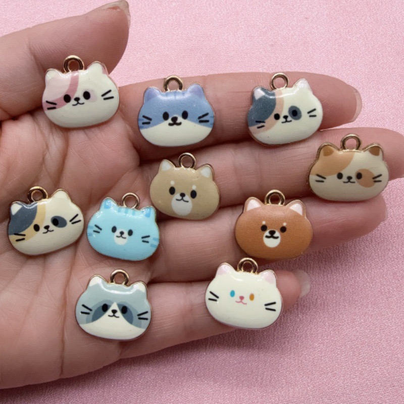 Drop Earrings - 12pcs Printed Cat Head Alloy Drip